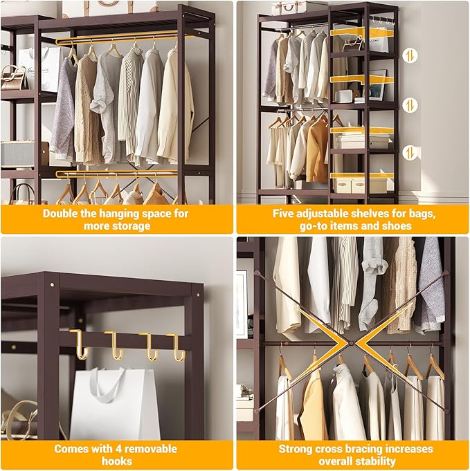 Bamboo Clothes Rack Garment Rack for Hanging Clothes, Heavy Duty Clothing Rack with 7 Tiers Adjustable Shelves, Double Rods, 4 Hooks, Freestanding Closet System Organizer Wardrobe, Espresso