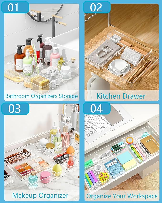 44 Pcs Makeup Drawer Organizer Set, 4 Sizes Versatile Vanity Drawer Organizer for Makeup, Non-Slip Desk Organizer Trays for Bathroom, Bedroom, Office, Fits Jewelry and Office Supplies