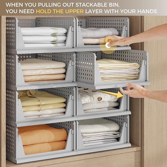 Pinkpum 8 Pack Closet Organizer Storage Bins Stackable Plastic Drawer Shelf | Basket for Clothing Stackable Storage Bins Shelf Storage Container for Closet Wardrobe Bedroom Bathroom Office Grey Foldable
