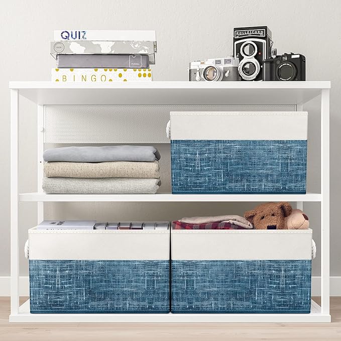 Fab totes Storage Bins 3-Pack, Foldable Storage Baskets for Organizing Toys, Books, Shelves, Closet, Large Storage Box with Rope Handles, Sturdy Organizer Bins, White & Blue