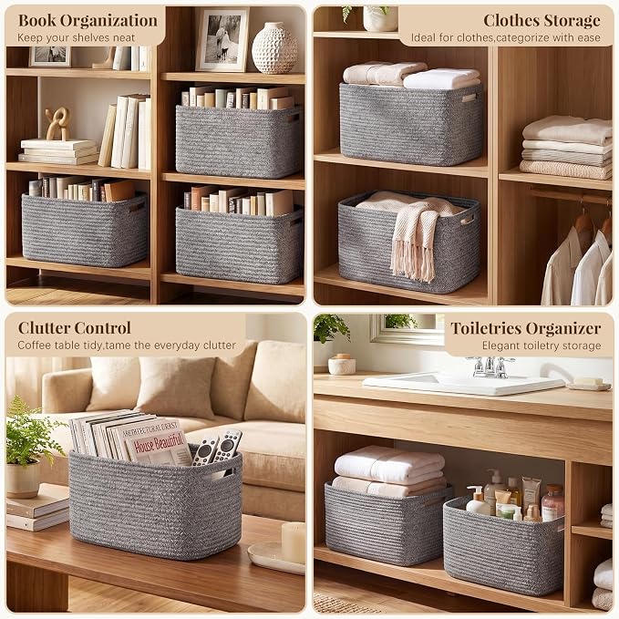 OIASKET 4Packs Natural Cotton Rope Storage Baskets for Organizing Toys, Clothes, Towels & Books, Soft Versatile Organizers for Shelves, Home Decorative Bins, 13''Lx9''Wx7.8''H, Grey