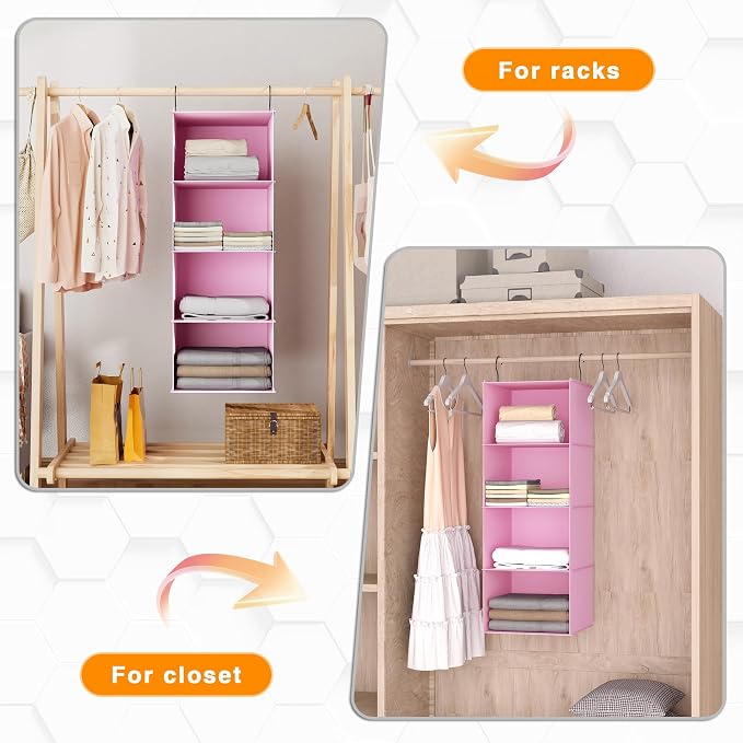 Hanging Closet Organizer 4-Shelf, Oxford Fabric Wardrobe Storage, Pink | Easy-mount foldable design holds clothes, handbags, shoes & accessories; washable Oxford fabric, sturdy and space-saving.