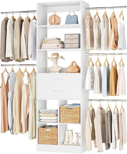 Besiost Small Closet System, 3.2-6.8FT Small Closet Organizer with 2 Wooden Drawers & 5 Hanging Rods, Can Fit 37.5 to 81.9 inch Walk-in Closet System, Built-in, White, Enclosed Storage Volume 2.32 ft³