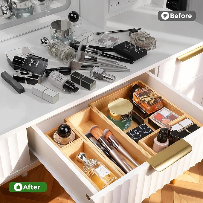 MapleGrace Bamboo Drawer Organizer Set, 14 PCS Wood Storage Organizers | Multi-Use Junk Drawer Divider, Storage Trays Containers for Kitchen, Bathroom, Office Desk, Makeup, Jewelry, Utensils