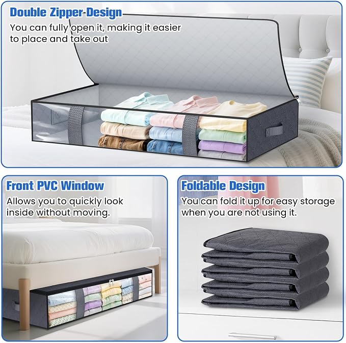 TasticTotes Under Bed Storage Containers, 2 Pack Blanket Storage Bags, Collapsible Storage Bags with Big Zippers, Clear Front, Shoe Storage and Organization for Clothes, Comforter, 90L, Grey