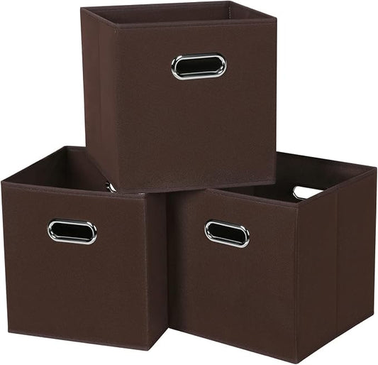 Black Fabric Cubby Storage Bins,13x13x13 Inches ,Cube Organizer Bin Foldable Storage Boxes with Dual Handles Fabric Organizer Box and collapsible Storage basket,Set of 3,Coffee