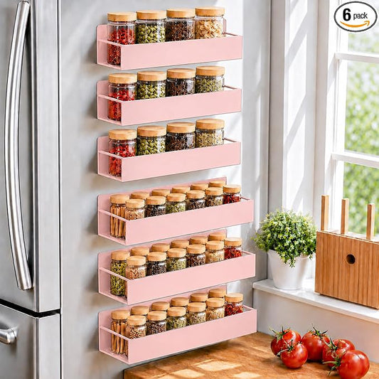 SMRCAD 6 Pack Metal Magnetic Spice Rack for fridge, Heavy Duty | Iron + Magnet | Holds 9 lbs per shelf | Full-back magnets | Screws included | Climate Pledge Friendly