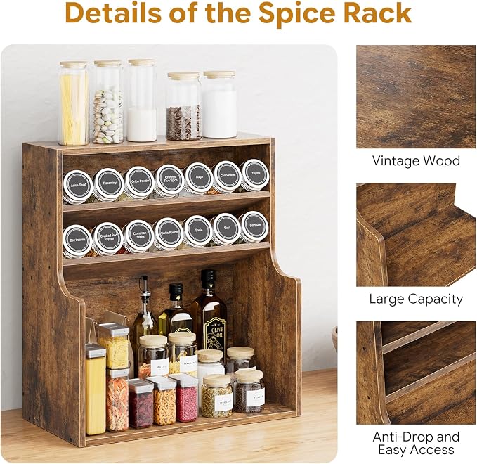 Simple Trending Spice Rack Organizer, 3 Tire Wood Kitchen Counter Spice Rack, Large Counter Seasoning Organizer Storage Shelf for Pantry, Kitchen, 7” W × 14.3” H, Brown