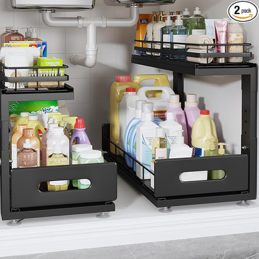 Under Sink Organizer Upgrade To Professional Rails,2-Tier Dual Pull Out Cabinet Storage,Height Adjustable Slide Out Drawers For Bathroom Kitchen,2 Pack-18.5"Dx12.8"-16.9"H,Black