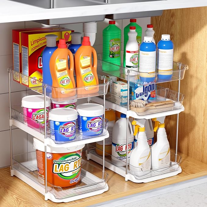 Delamu 2 Sets of 3-Tier Bathroom Under Sink Organizers and Storage, Multi-Purpose Stackable Pantry Organization and Storage, Pull Out Clear Kitchen Bathroom Cabinet Organizer with Movable Dividers | Storage