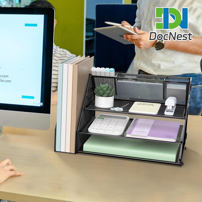 Docnest 3 Tier Desk Organizer with File Holder & Pen Holder, Black | Features 3 built-in pen holders with removable dividers. Space-saving mesh storage for office mail, files & stationery