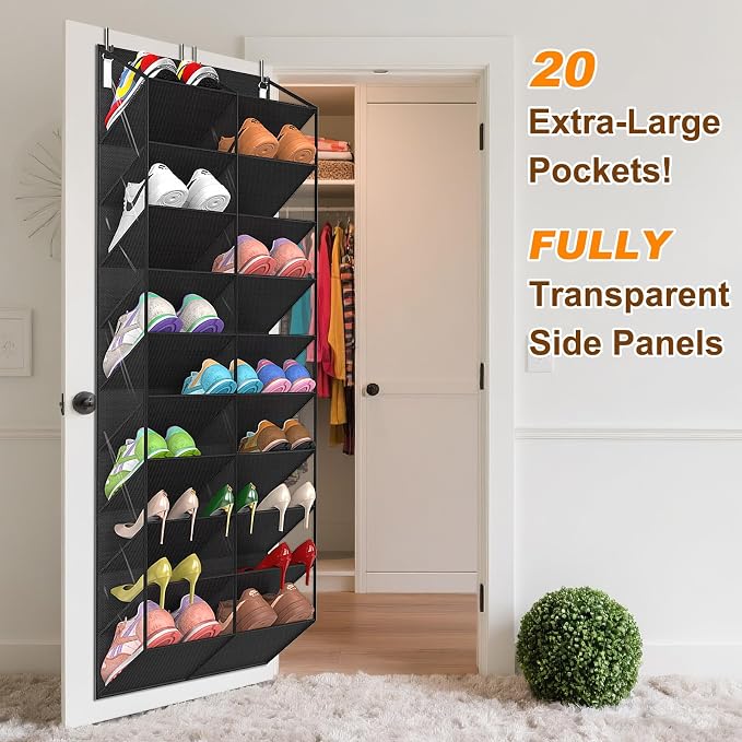 UVIAHOMI 20-30 Pairs Over the Door Shoe Organizer, Clear Pockets Hanging Shoe Storage for Closet, 10-Tier Door Shoes Rack, Handing Shoes Holder Fit All the Family's Sneakers, Boots, Heels, Black