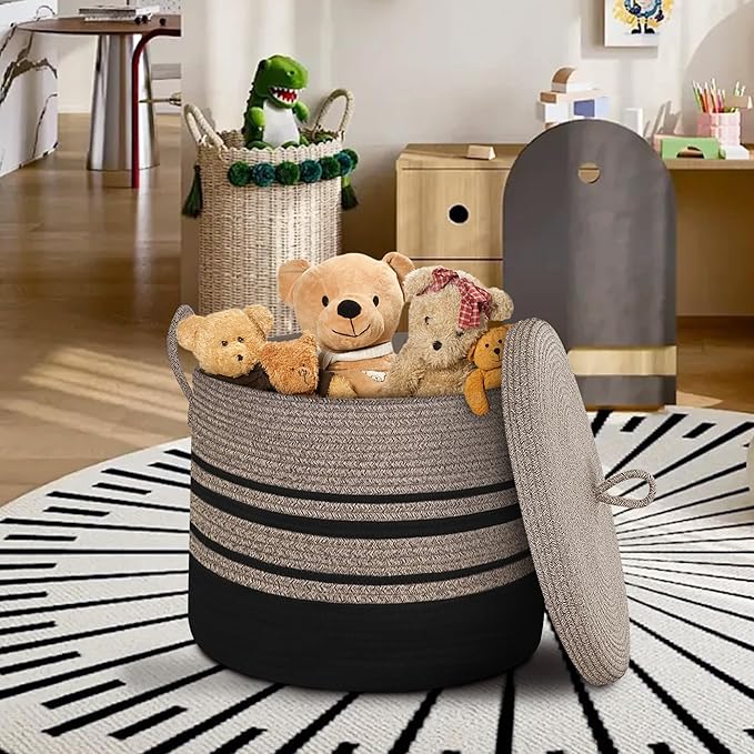 Extra Large Woven Basket with Lid, 18" X 14" Wicker Blanket Storage Basket Living Room, Tall Rope Storage Baskets for Toys, Decorative Kids Toy Bin Box with Cover, Baby Laundry Basket Hamper