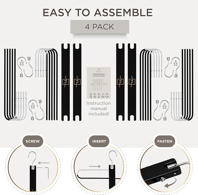 MORALVE Pants Hangers Space Saving - 4 Pack European Beechwood Scarf and Jean Hangers - Closet Organizer and Space Saver Pant Rack, Leggings Hanger, and Scarf Holder with 360° Swivel Hook