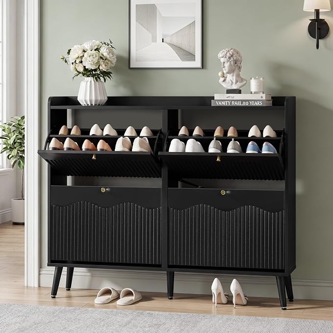 BERRYMERRY Black 47.2” Shoe Storage Cabinet with 4 Flip Drawers | narrow,entryway,adjustable feet,32 pairs shoe,shoe organize,hidden shoe rack,fluted panel,wave pattern,wood,space saving