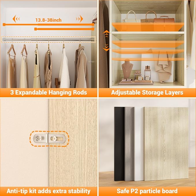 Homieasy 96 Inches Closet Organizer System, 8FT Customizable Walk In Closet Organizer with Hanging Rods, 3 Leather Handle Drawers Garment Rack, 96" L x 16" W x 75" H, Max Load 1000 LBS, White Oak