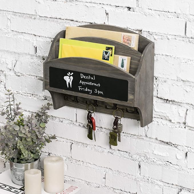 MyGift 2-Compartment Vintage Gray Wood Wall Mounted Entryway Mail Organizer Letter Sorter with Chalkboard Label Surface and 4 Double Key Hooks