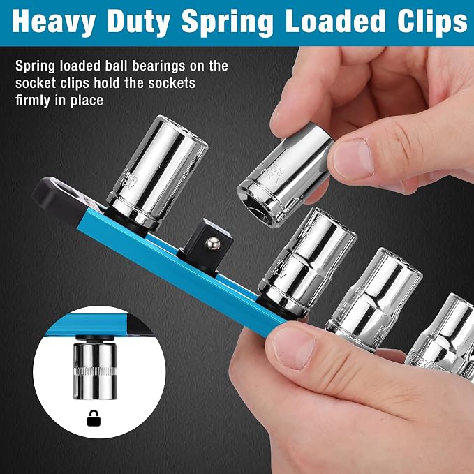 WORKPRO Magnetic Socket Organizer, Heavy Duty 1/2-Inch Drive Socket Rail | 1 Piece Socket Holder with 10 Spots, Aluminum Alloy, Rotatable & Movable Clips, Efficient Organization