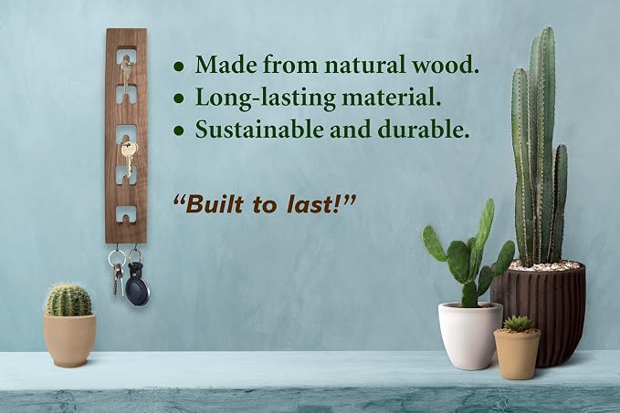 Vertical Wall Mounted Key Holder for Entryway – Narrow Wooden Key Rack with Hooks, Space Saving Organizer for Small Spaces, Solid Wood Rustic Design