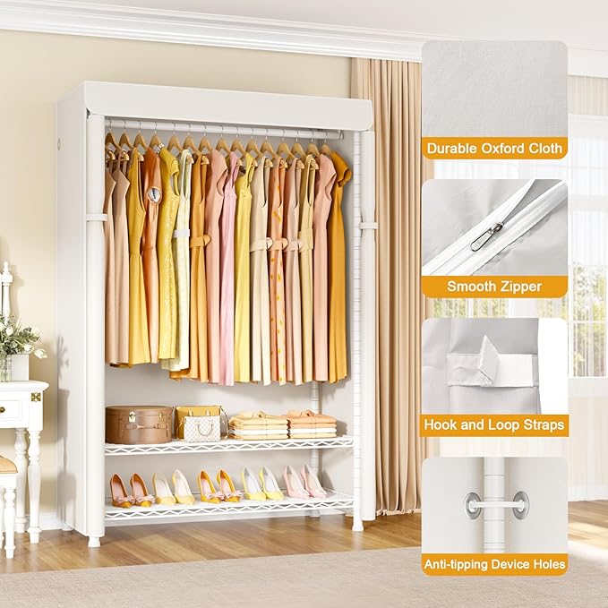 H5C Plus Clothes Rack with Cover, Covered Clothing Rack Heavy Duty | Garment Rack with Shelves, 3-Tier Portable Closets for Hanging Clothes, Max Load 370LBS, White Closet Racks with White Cover