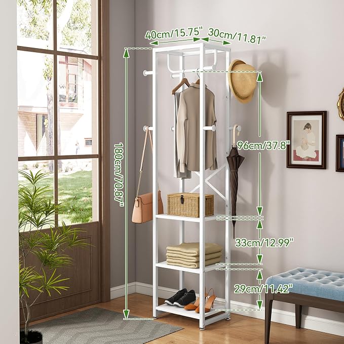 IBUYKE Freestanding Coat Rack,with 3 Shelves and 8 Hooks,White UTMJ088W | Metal Frame,Industrial Hall Tree,Clothes Stand for Entryway, Hallway, Bedroom,Office, Living Room