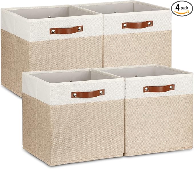 Temary Cube Storage Bins 13 Inch Fabric Storage Cubes Storage Baskets for Shelves Closet Baskets for Cube Storage with Leather Handles, Cloth Organizer Bins for Home