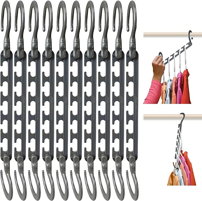 Max 10-Pack Space-Saving Cascading Hangers, 360° Swivel Hooks, Grey | Maximize closet space with 10 assembled cascading hangers and reinforced 360° swivel hooks—ideal for dorms and storage.