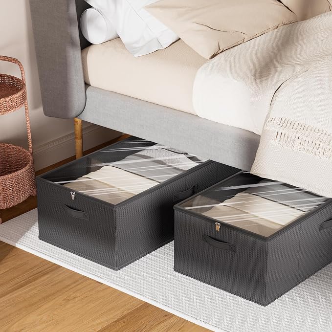 10inch 3 Pack Under Bed Storage Containers, 10 Inch Tall Underbed Clothes Storage Organizer Bin with Clear Window，Foldable Box Basket for Clothes, Closet, Bed Sheets and Blankets Black