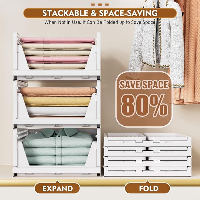 SNSLXH 5 Pack Stackable Closet Storage Basket, Multifunctional & Foldable Closet Organizer for Bathroom Kitchen Laundry Room Wardrobe Storage, Space-Saving Clothes Storage Drawer Organizer, White | 5 Pack Foldable Closet Storage Bins for Bathroom Laund...