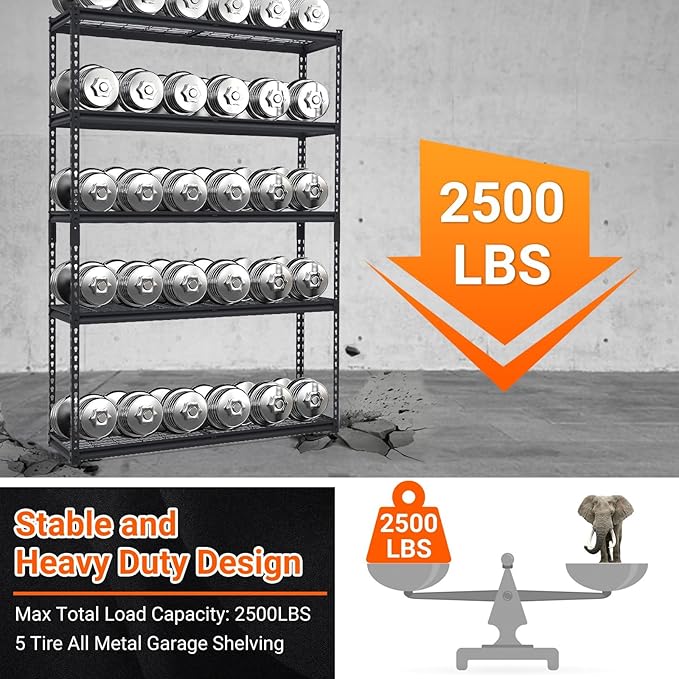 Garage Storage Shelves 5 Tiers, Heavy Duty Storage Shelving Racks with 2500 LBS Capacity, 48 in L x 18 in W x 72 in H Metal Adjustable Utility Shelving Unit for Garage Organization, Basement, Workshop
