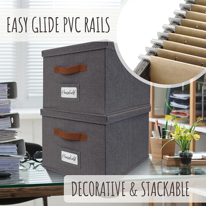 Decorative File Organizer Box Set of 2 - Collapsible Linen Filing Cabinets | Stores Documents and Hanging File Folders - Portable Office Crates with Lid and Handles for Easy Slide Access