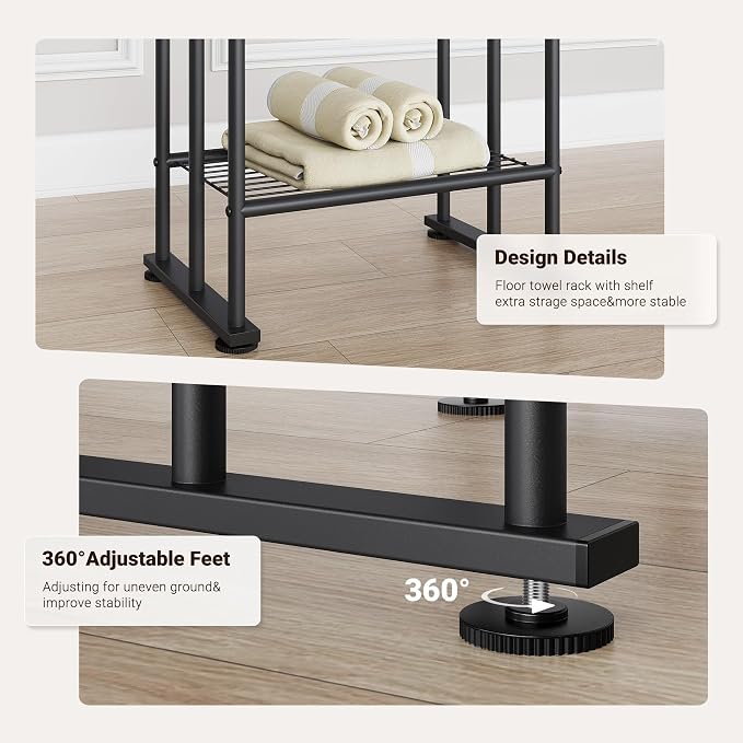 ELYKEN 3 Tier Freestanding Towel Rack with Shelf, 40" H Towel Stand, Black | Metal Drying Rack for Oversized Bath Towels & Blankets, 4 Hooks, Indoor & Outdoor Use, Fits Bathroom, Tub, Shower, Poolside