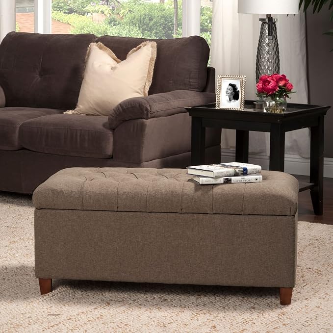 Homepop Home Decor | Tufted Ainsley Button Storage Ottoman Bench with Hinged Lid | Ottoman Bench with Storage for Living Room & Bedroom, Brown 18x40x18 inches