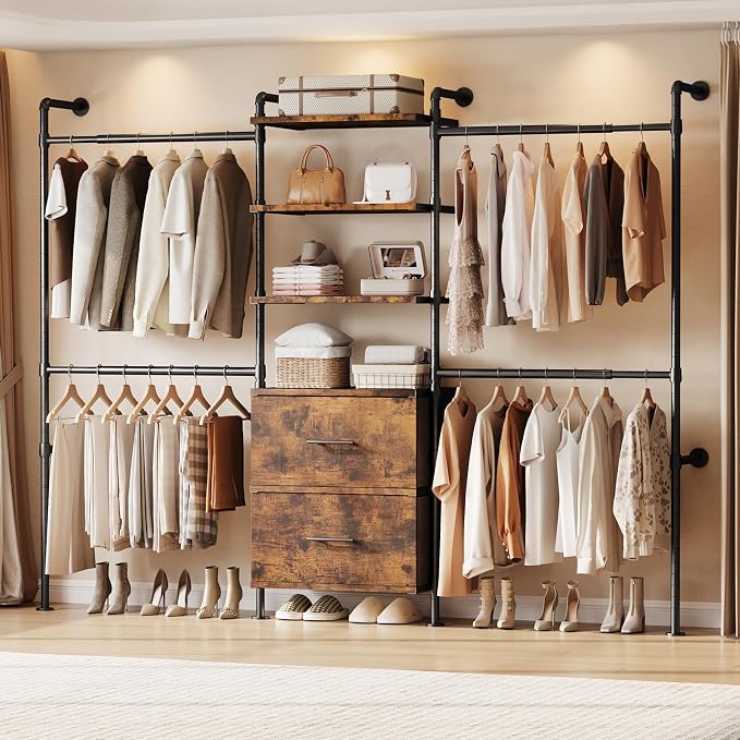T3 Wall Mounted Industrial Pipe Closet Organizers Storage System | Metal Clothing Rack with 2 Drawers, 6 Wooden Shelves & 4 Expandable Rods, Heavy Duty Garment Rack, Wardrobe (Rustic Brown)