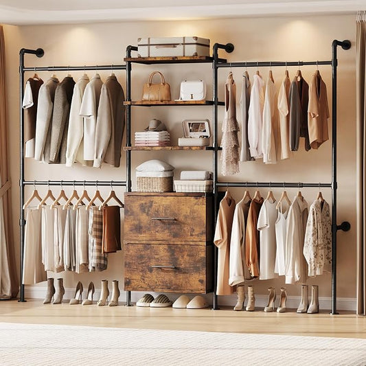 T3 Wall Mounted Industrial Pipe Closet Organizers Storage System | Metal Clothing Rack with 2 Drawers, 6 Wooden Shelves & 4 Expandable Rods, Heavy Duty Garment Rack, Wardrobe (Rustic Brown)