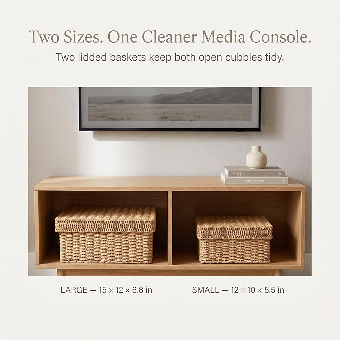 Wicker Storage Baskets with Lids for Shelves, 2-Basket Set, Natural | Two rectangular wicker baskets with removable lids, large and medium, for decorative shelf storage; lids flip into trays.
