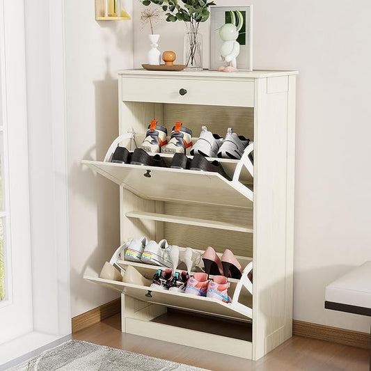 Wooden Shoe Rack with 2 Flip Drawers, Entryway Shoe Storage Cabinet | Freestanding Modern Shoe Organizer with Adjustable Shelves, Small Closed Shoe Rack Cabinet for Front Door Entrance,Light Oak