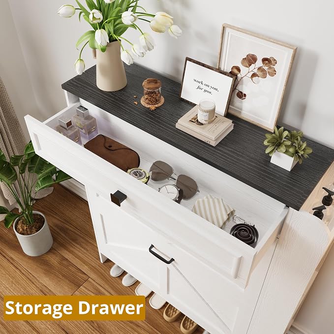 IRONCK Shoe Storage Cabinet with 2 Flip Drawers & Barn Door, White/Black | Freestanding Shoe Cabinet Organizer with Drawer and Shelves for Entryway, Farmhouse Shoe Rack Cabinet