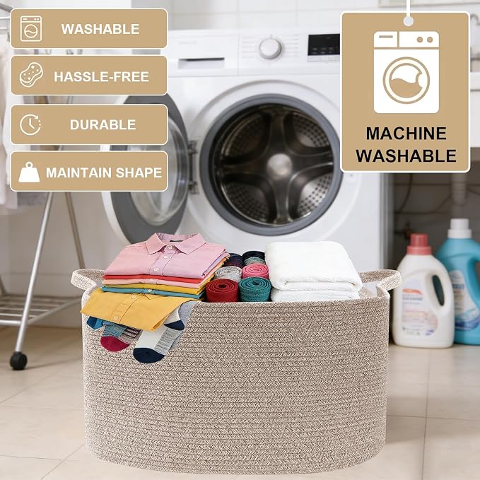 65L Collapsible Woven Rope Laundry Basket with Handles,Brown | 21x16x12 Foldable Rectangular Blanket Basket for Toys, Clothes & Pillows,Ideal for Nursery, Bathroom, Bedroom, Living Room