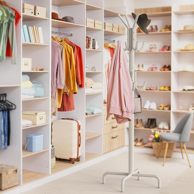 Simple Houseware Standing Coat/Hat Hanger Organizer Rack, 12 Hooks, White | For Entryway, Bedroom, and Hallway