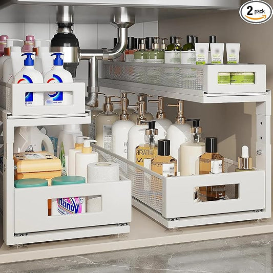 2 Pack 21.3IN-Depth Under Sink Organizer With Next-Gen Ball-Bearing Slides,2-Tier Pull Out Cabinet Storage,Height Adjustable Drawer Shelf for Bathroom,Kitchen,Laundry,Cabinet,Pantry-White