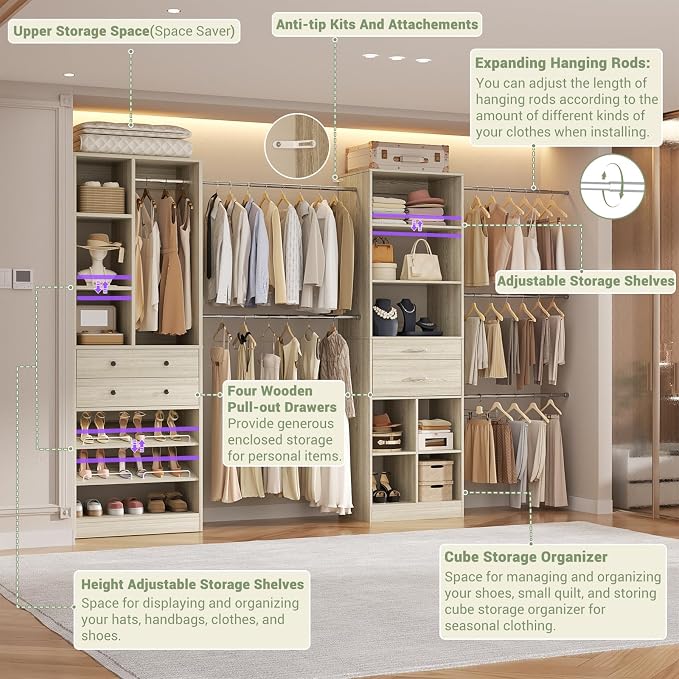 Besiost Closet System, Up to 128.6"/10.7 FT Closet Organizer with 4 Wooden Drawers and Shelves, Walk-in Closet System with 6 Hanging Rods, Built-in Closet Fit 96"/8FT, 120"/10FT, Greige Oak Set 2