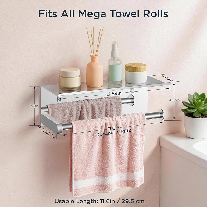 FORIOUS Wall Mount Paper Towel Holder with Shelf for Kitchen, Chrome | Heavy Duty SUS304 Stainless Steel Paper Roll Organizer with Storage Spice Shelf, Screw-in for Bathroom, RV & Garage