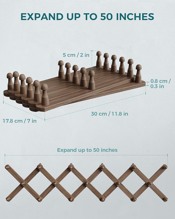 OROPY Accordion Wall Hanger with 17 Pegs, Expandable Wooden Coat & Hat Rack | Walnut Color, Hat Display Rack, X Shape Rack for Coat, Hats, Bags, Baseball Caps, Coffee Mug, Jewelry