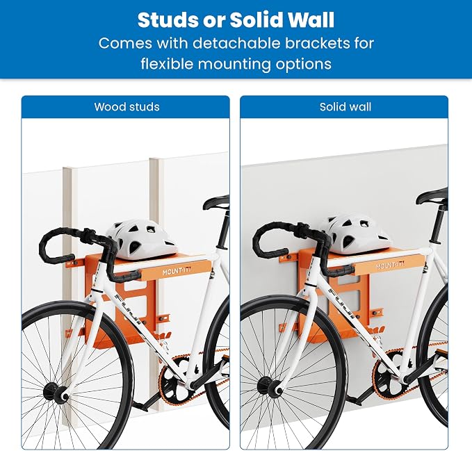Mount-It! Bike Wall Mount Rack with Shelf and Hooks, Horizontal Indoor Bike Rack Garage Home, Space Saving Wall Mounted Hanger for a single Road, Mountain or other Bicycle with Extra Storage, Orange