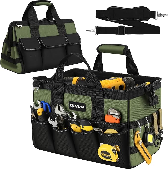 UUP Heavy Duty Tool Bag 15Inch, 16-Pocket Portable Empty Tool Box Organizer | Big Storage Toolbox Organization, Soft Handle Large Zipper Carrying Toolbag, Father Day Gifts for Him Dad Men, Green