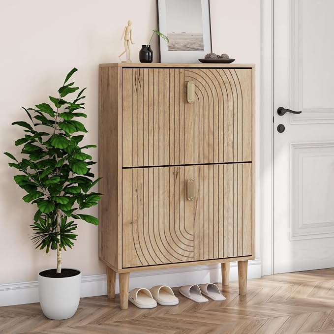 Smuxee Shoe Cabinet with 2 Flip Drawers, 23.6" Oak Hidden Shoe Storage Cabinet with Line Groove Design, Freestanding Shoe Organizer Cabinet for Entryway, Hallway, Living Room