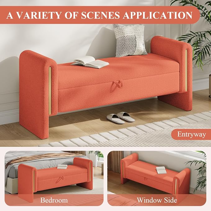 Storage Ottoman Bench, End of Bed Bench with Pull-Ring | 52" Teddy Upholstered, Window Bench with Armrest, Generous Storage, Safety Hinge, Holds 250 LBS, for Bedroom, Orange