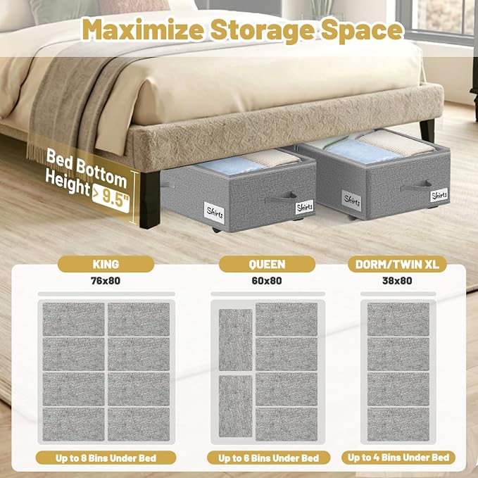 Under Bed Storage with Wheels, 2 Pack Underbed Storage Containers with Clear Lid & Label, XXL 75L Easy Assembly Rolling Under Bed Shoe Storage for Clothes, Shoes, Blankets, Gray(28.3 X 16.5 X 9.5 in)