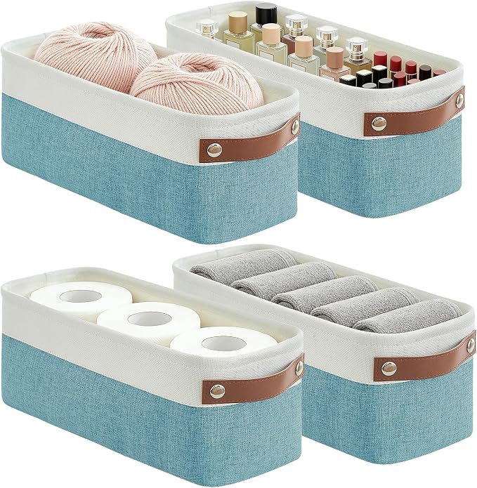 Bagnizer Small Fabric Storage Baskets, 15x6x5 inch Narrow Storage Bins 4-Pack Long Storage Basket for Organizing with Handles, Decorative Basket for Closets, Shelves, Toilet Paper, Teal